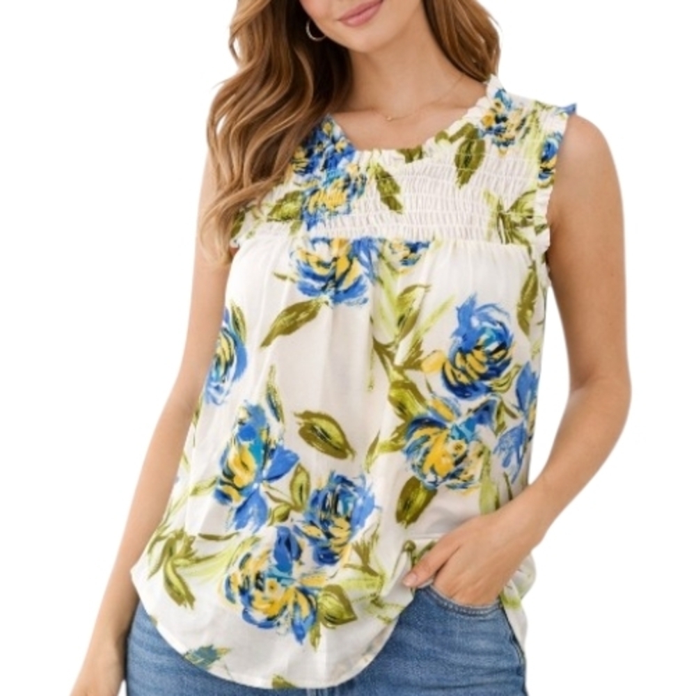 Floral & Ivy Sheer Sleeveless Tunic Top Size M  NWT Green Blue Ivory